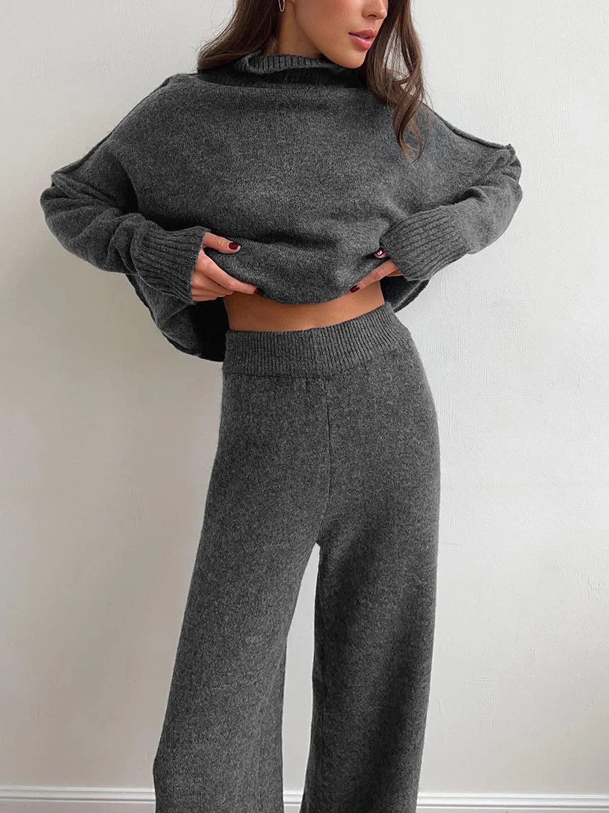 Women's loungewear set with soft knit turtleneck and soft knit