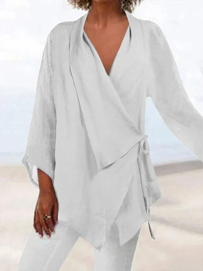 Clara® | Cotton and linen blouse with lace-up collar for women