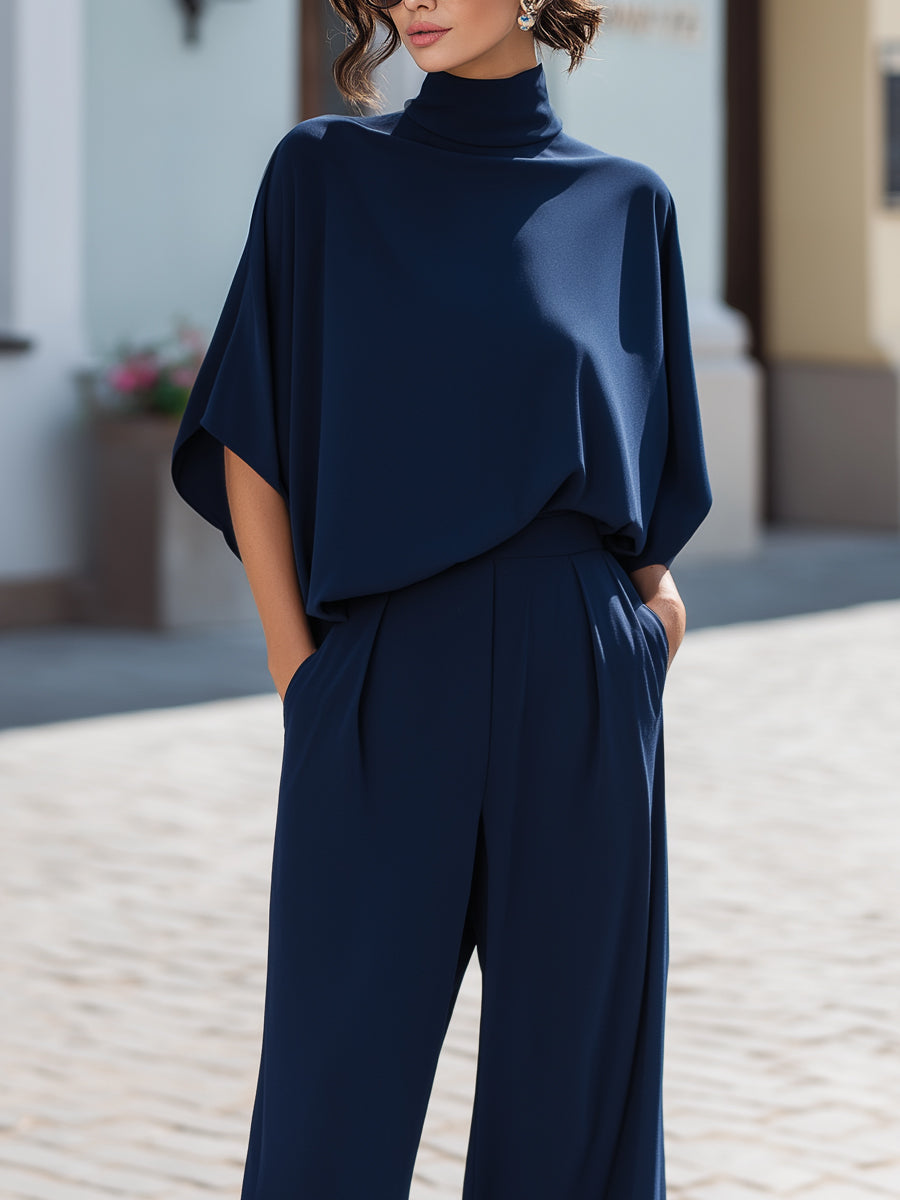 Minimalist High-Neck Draped Blouse & Wide-Leg Trouser Set