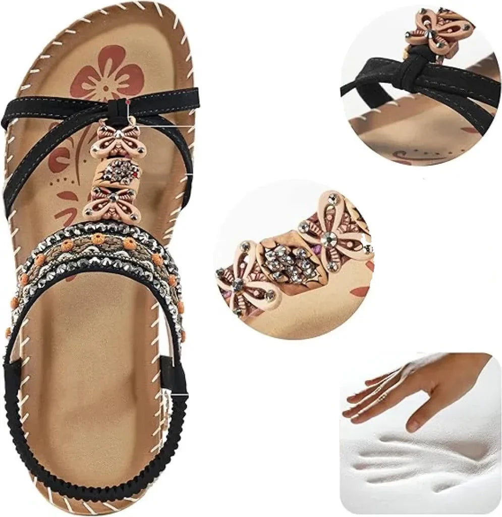 Colella | Elegant sandals decorated with flowers and a rhinestone butterfly