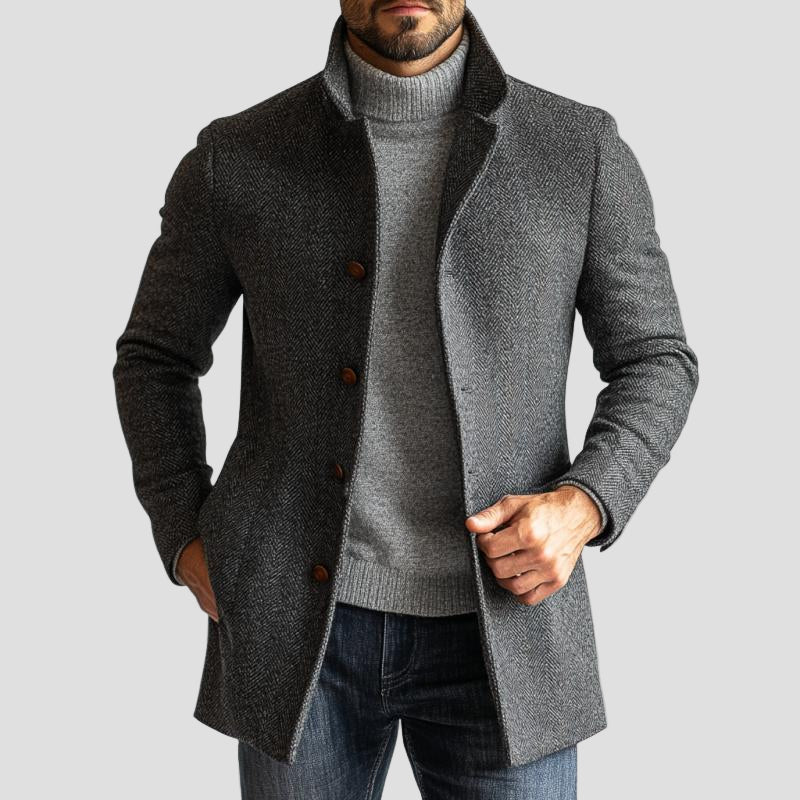 Callum | Retro Herringbone Single-Breasted Mid-Length Coat
