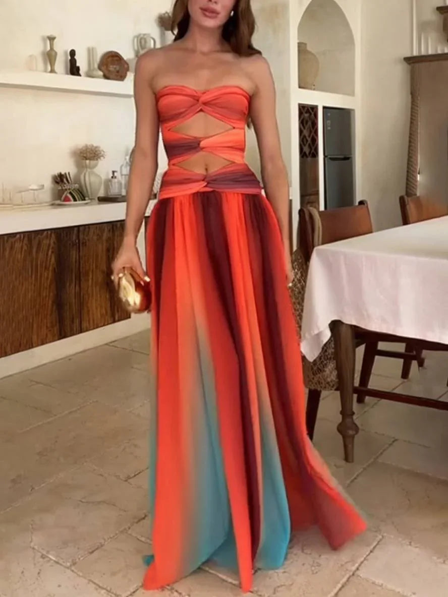 Flowing women's long dress with gradient, gathered headband, and waist cutout