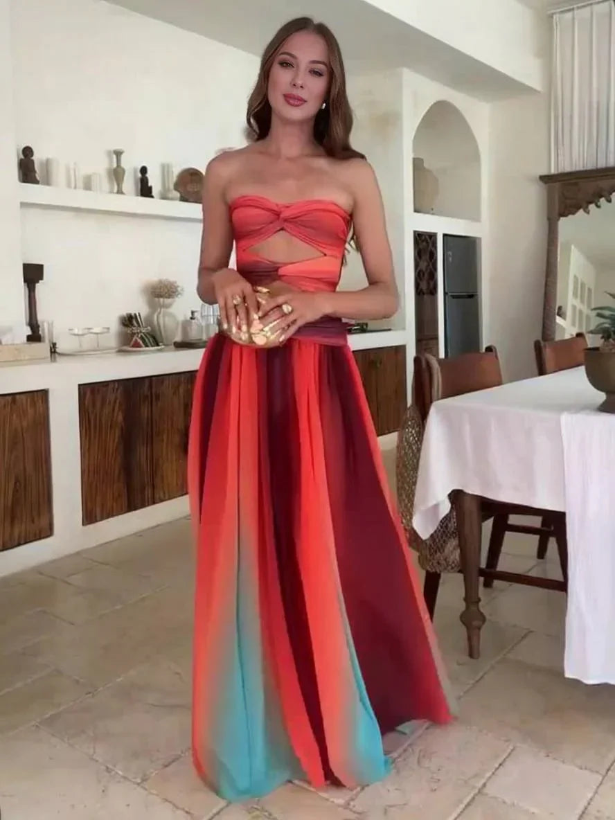 Flowing women's long dress with gradient, gathered headband, and waist cutout