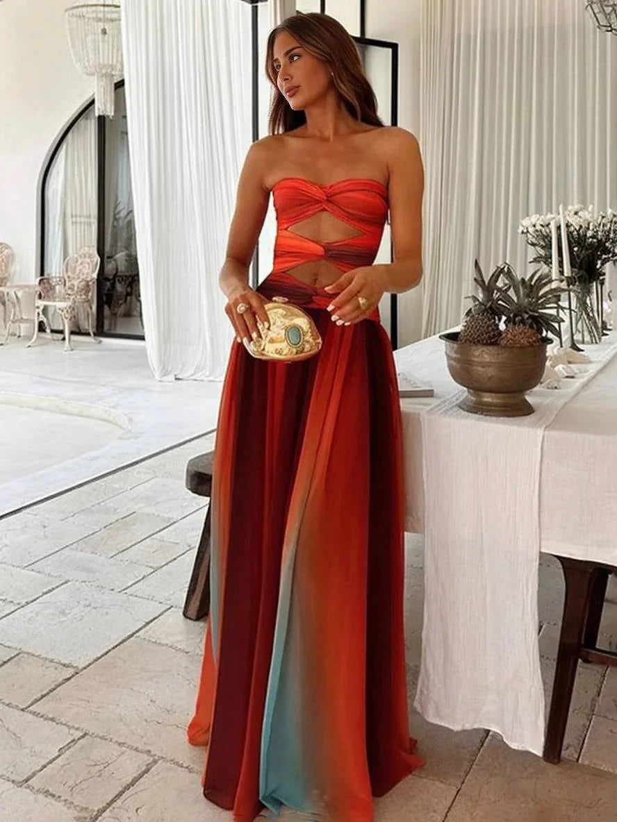 Flowing women's long dress with gradient, gathered headband, and waist cutout