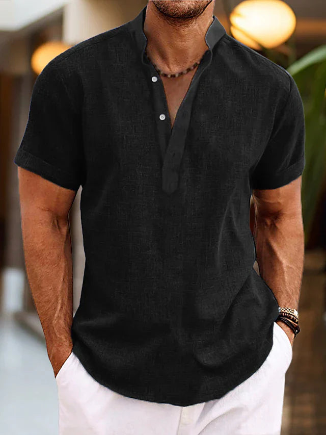 Men's Linen Shirt – Breathable Summer Shirt with Henley Collar & Short Sleeves