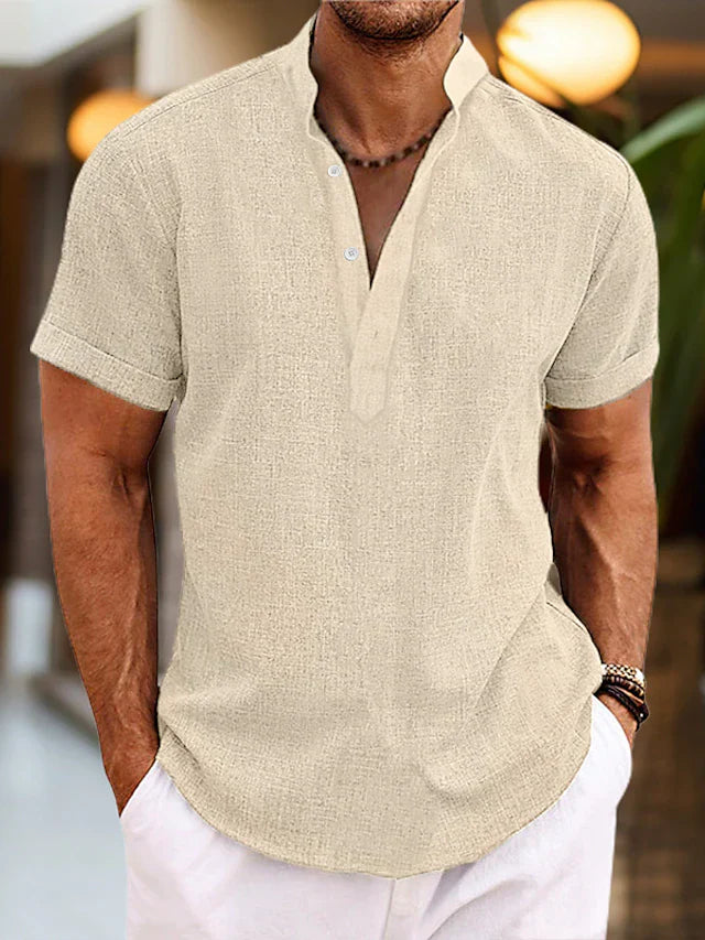 Men's Linen Shirt – Breathable Summer Shirt with Henley Collar & Short Sleeves