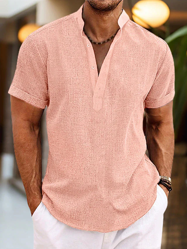Men's Linen Shirt – Breathable Summer Shirt with Henley Collar & Short Sleeves